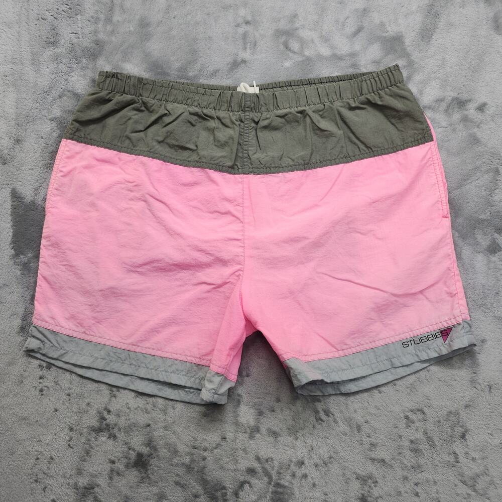 Vintage 80s 90s Stubbies Swim Shorts Mens 34 Pink Gray Drawstring Lined Beach‎